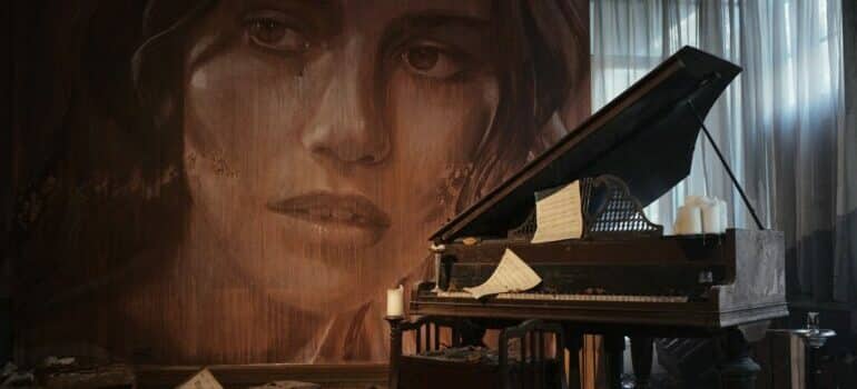 Rustic piano with a portrait of a woman behind it
