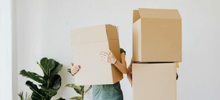 two people with cardboard boxes over their heads