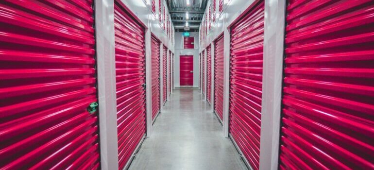 storage units with red shutter doors