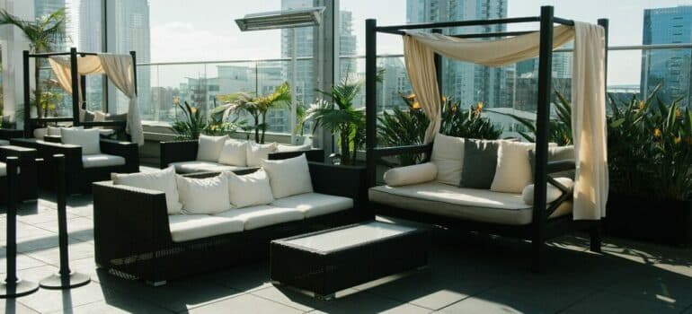 black and white furniture on a rooftop of a building