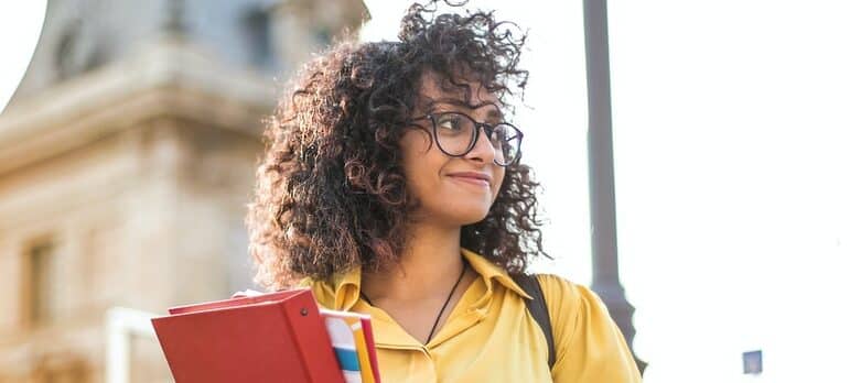 a student on the stairs