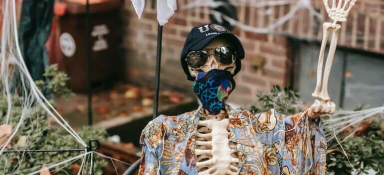 fake skeleton proving to be difficult for storing Halloween decorations