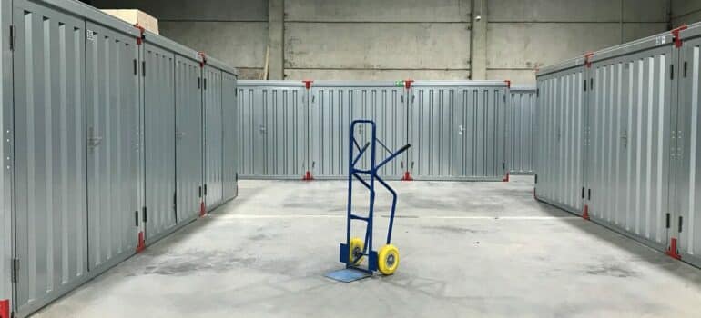 Inside the climate-controlled climate storage with an upright trolley.