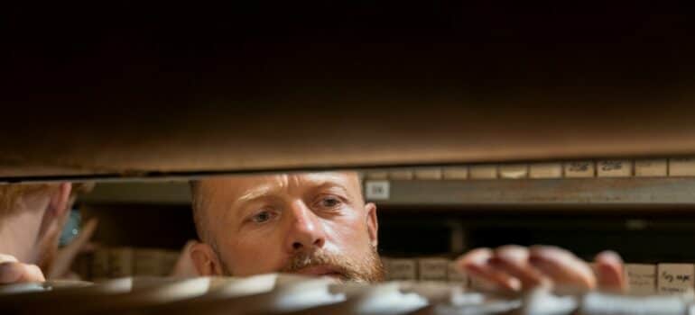 person looking at business files