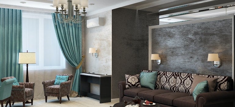 Living room with long curtains