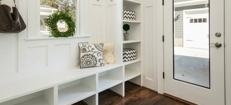White shelving units in the apartment