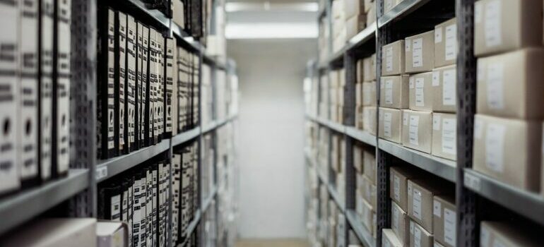 Shelves inside storage with boxes 