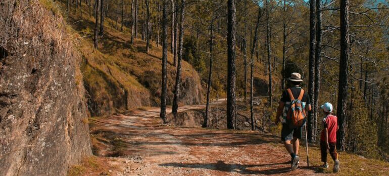 A father and a son on a hike