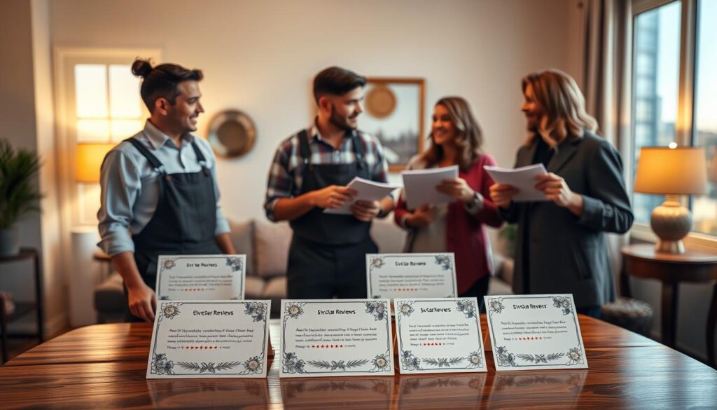 A beautifully arranged collection of five-star reviews displayed prominently on a polished wooden table, each review written on elegant, decorative cards with floral borders. In the foreground, a pair of professional movers, dressed in modest uniforms, are discussing the reviews with satisfied customers, who are smiling and nodding in approval. The middle ground features a thoughtfully designed ambiance of a cozy living room, with warm, inviting lighting casting a glow, and a glimpse of Austin's skyline through a window in the background. The atmosphere conveys trust, reliability, and community spirit, emphasizing the importance of honest reviews in building a lasting reputation for movers. A beautifully arranged collection of five-star reviews displayed prominently on a polished wooden table, each review written on elegant, decorative cards with floral borders. In the foreground, a pair of professional movers, dressed in modest uniforms, are discussing the reviews with satisfied customers, who are smiling and nodding in approval. The middle ground features a thoughtfully designed ambiance of a cozy living room, with warm, inviting lighting casting a glow, and a glimpse of Austin's skyline through a window in the background. The atmosphere conveys trust, reliability, and community spirit, emphasizing the importance of honest reviews in building a lasting reputation for movers.