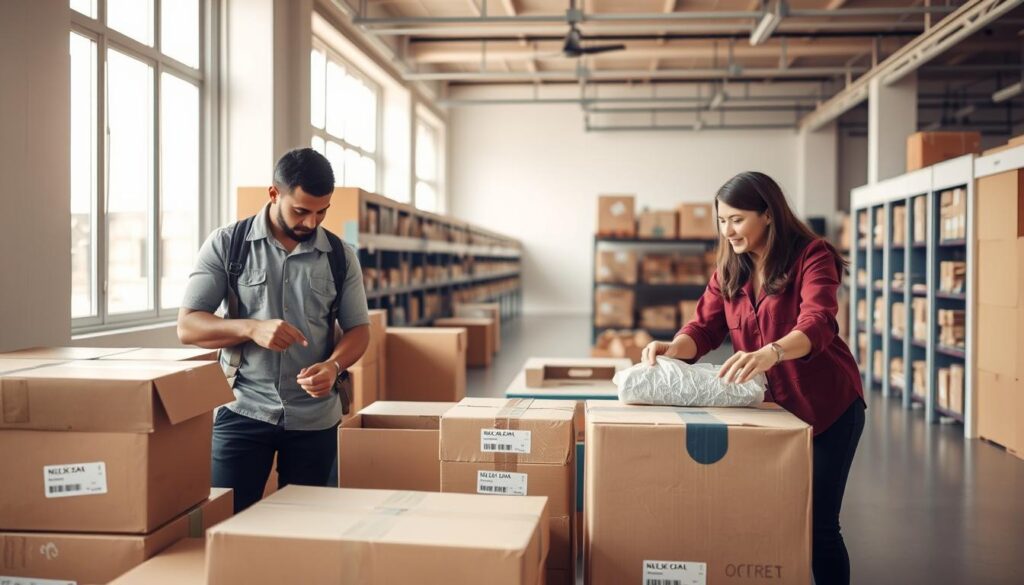 A bright, organized packing and storage scene in a clean, modern moving facility. In the foreground, a diverse group of two professional movers, one man and one woman, dressed in smart casual attire, are carefully packing boxes with household items, using bubble wrap and packing tape. In the middle ground, stacked boxes are neatly arranged, showcasing various labels indicating their contents. The background features a well-organized storage area with rows of secure storage units and shelves filled with packed items. Soft, natural lighting streams in through large windows, creating a warm atmosphere that conveys a sense of trust and efficiency. The overall mood is one of professionalism and organization, highlighting the importance of expert packing and secure storage solutions.