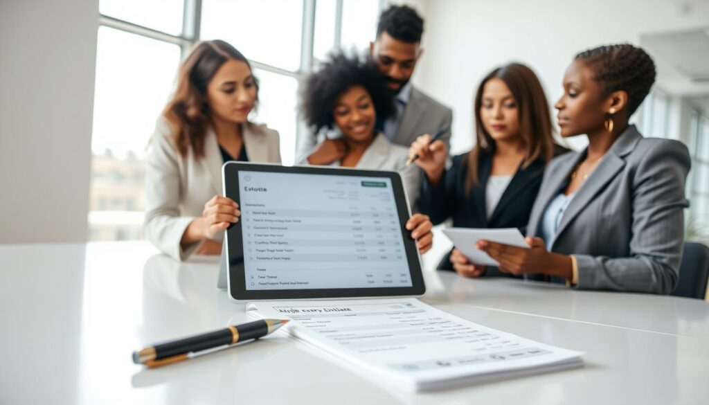 A bright, professional setting showcasing a clean and modern office environment with a clear focus on a large desk. In the foreground, a well-organized notepad and a stylish pen lay next to a digital tablet displaying a detailed quote estimate for moving services. The middle ground features a confident, diverse group of three individuals in business attire, deeply engaged in discussion as they review the estimate; one person points at the tablet, while another takes notes. In the background, a large window allows natural light to stream in, illuminating the room and conveying a sense of transparency and trust. The overall mood is one of professionalism and clarity, emphasizing the importance of accurate pricing in the moving industry. A bright, professional setting showcasing a clean and modern office environment with a clear focus on a large desk. In the foreground, a well-organized notepad and a stylish pen lay next to a digital tablet displaying a detailed quote estimate for moving services. The middle ground features a confident, diverse group of three individuals in business attire, deeply engaged in discussion as they review the estimate; one person points at the tablet, while another takes notes. In the background, a large window allows natural light to stream in, illuminating the room and conveying a sense of transparency and trust. The overall mood is one of professionalism and clarity, emphasizing the importance of accurate pricing in the moving industry.