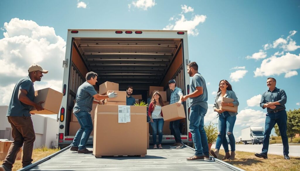 A bright sunny day in Austin transitioning to Lubbock for a moving day scene. In the foreground, a diverse team of professional movers in modest yet professional clothing is expertly loading neatly packed boxes into a modern moving truck. The middle ground features a family watching and smiling, surrounded by packed items like furniture and plants, conveying excitement and activity. In the background, a clear blue sky with white clouds, hinting at the open highways leading from Austin to Lubbock. The lighting is warm and inviting, capturing a sense of optimism and ease during the busy day. The angle is slightly low, creating a dynamic perspective that emphasizes the teamwork and professionalism of the movers amidst the bustling atmosphere. A bright sunny day in Austin transitioning to Lubbock for a moving day scene. In the foreground, a diverse team of professional movers in modest yet professional clothing is expertly loading neatly packed boxes into a modern moving truck. The middle ground features a family watching and smiling, surrounded by packed items like furniture and plants, conveying excitement and activity. In the background, a clear blue sky with white clouds, hinting at the open highways leading from Austin to Lubbock. The lighting is warm and inviting, capturing a sense of optimism and ease during the busy day. The angle is slightly low, creating a dynamic perspective that emphasizes the teamwork and professionalism of the movers amidst the bustling atmosphere.
