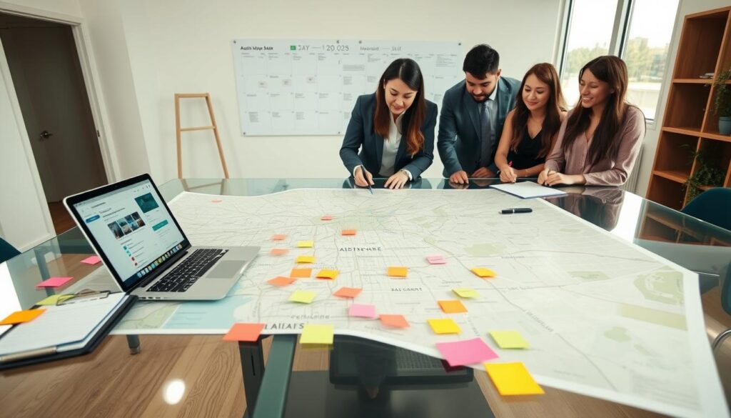 A bustling apartment move planning scene, featuring a diverse group of three professionals in business casual attire gathered around a large, detailed map of the Austin-Kyle area on a sleek glass table. In the foreground, colorful sticky notes, a laptop displaying a planning app, and a clipboard with checklists highlight their meticulous organization. In the middle ground, a well-structured wall calendar with visible timelines, marked dates, and tasks adds to the planning ambiance. In the background, a bright window allows warm, natural light to illuminate the space, enhancing the inviting atmosphere. The setting is an airy, modern office with minimalist decor, conveying a sense of reliability and teamwork essential for smooth apartment moves. The overall mood is focused and collaborative, showcasing the dedication of a local moving team to accommodate client timelines. A bustling apartment move planning scene, featuring a diverse group of three professionals in business casual attire gathered around a large, detailed map of the Austin-Kyle area on a sleek glass table. In the foreground, colorful sticky notes, a laptop displaying a planning app, and a clipboard with checklists highlight their meticulous organization. In the middle ground, a well-structured wall calendar with visible timelines, marked dates, and tasks adds to the planning ambiance. In the background, a bright window allows warm, natural light to illuminate the space, enhancing the inviting atmosphere. The setting is an airy, modern office with minimalist decor, conveying a sense of reliability and teamwork essential for smooth apartment moves. The overall mood is focused and collaborative, showcasing the dedication of a local moving team to accommodate client timelines.