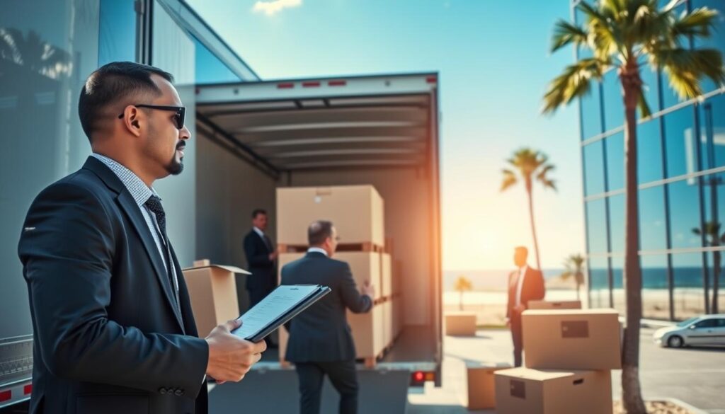 A bustling commercial moving scene in Corpus Christi, showcasing professional movers dressed in smart business attire, carefully loading sturdy boxes and office furniture onto a large moving truck. In the foreground, a mover is checking off items on a clipboard, ensuring a smooth transition for the clients. The midground features a modern office building with glass windows reflecting the vibrant blue sky, while a beach and palm trees subtly hint at the coastal location. Soft sunlight bathes the scene, creating a warm and inviting atmosphere. The angle is slightly elevated, capturing the organized chaos of the move, with a focus on efficiency and teamwork, evoking a sense of reliability and professionalism.