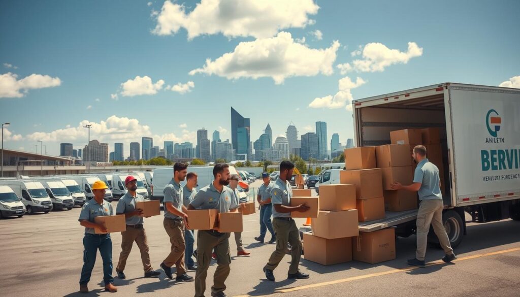 A bustling commercial moving scene showcasing a professional moving company in action. In the foreground, a diverse team of movers dressed in matching branded shirts and cargo pants carefully loads cardboard boxes and furniture onto a large moving truck. In the middle ground, a well-organized parking area features various types of vehicles, including vans and trucks, ready for transport. In the background, the vibrant skyline of Austin is visible, with clear blue skies and a few clouds, highlighting the city’s energy. Soft, natural lighting bathes the scene, creating a warm and inviting atmosphere. The camera angle is slightly elevated, giving a comprehensive view of the moving process while emphasizing teamwork and professionalism.