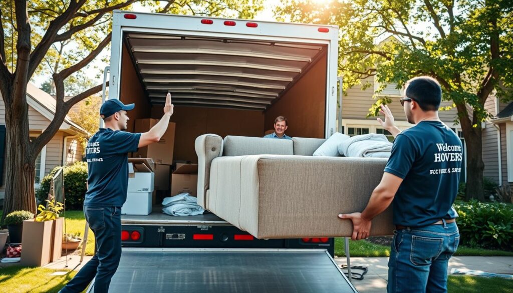A bustling full-service moving company scene capturing a team of professional movers in action. In the foreground, two movers in company-branded uniforms carefully lift a large couch onto a moving truck. The middle ground features the moving truck, open with packing supplies like boxes, bubble wrap, and blankets neatly arranged. In the background, a residential home with a welcoming facade, showing a family waving goodbye as they prepare for their move. Bright, natural sunlight filters through the trees, creating a warm, inviting atmosphere. The scene conveys reliability and teamwork, showcasing the dedication to customer service in a vibrant suburban setting. Shot from a slightly elevated angle with a wide lens to encompass the full scope of the moving process. A bustling full-service moving company scene capturing a team of professional movers in action. In the foreground, two movers in company-branded uniforms carefully lift a large couch onto a moving truck. The middle ground features the moving truck, open with packing supplies like boxes, bubble wrap, and blankets neatly arranged. In the background, a residential home with a welcoming facade, showing a family waving goodbye as they prepare for their move. Bright, natural sunlight filters through the trees, creating a warm, inviting atmosphere. The scene conveys reliability and teamwork, showcasing the dedication to customer service in a vibrant suburban setting. Shot from a slightly elevated angle with a wide lens to encompass the full scope of the moving process.