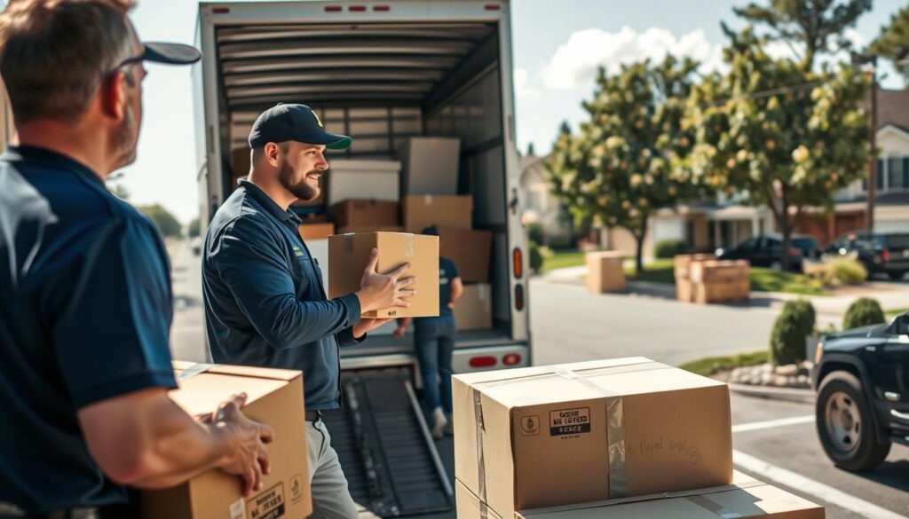 A bustling loading dock scene depicting movers carefully unloading a truck filled with household items. In the foreground, two professional movers in branded uniforms are working together, one gently handling a fragile box while the other secures items with straps. The middle ground features a large moving truck with its back open, revealing neatly packed furniture and boxes. In the background, a suburban neighborhood can be seen, showcasing tree-lined streets and houses, suggesting the destination of the move. The lighting is bright and natural, reflecting a sunny day, and the angle is slightly elevated to capture the entire scene. The atmosphere conveys professionalism, teamwork, and a sense of diligence in handling belongings with care. A bustling loading dock scene depicting movers carefully unloading a truck filled with household items. In the foreground, two professional movers in branded uniforms are working together, one gently handling a fragile box while the other secures items with straps. The middle ground features a large moving truck with its back open, revealing neatly packed furniture and boxes. In the background, a suburban neighborhood can be seen, showcasing tree-lined streets and houses, suggesting the destination of the move. The lighting is bright and natural, reflecting a sunny day, and the angle is slightly elevated to capture the entire scene. The atmosphere conveys professionalism, teamwork, and a sense of diligence in handling belongings with care.