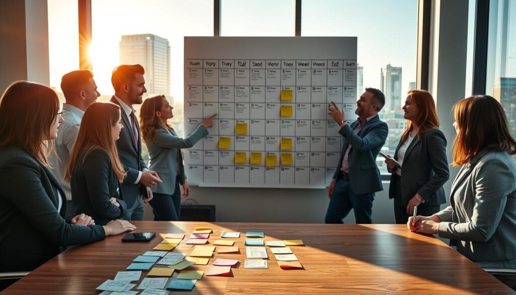 A bustling modern office space, with a large wooden table in the foreground covered in colorful sticky notes and detailed charts outlining a moving timeline. In the middle ground, a diverse team of professionals dressed in business attire engages in animated discussion, pointing at a large wall calendar marked with various moving dates and deadlines. The background features a window with a view of the Austin skyline, bathed in warm afternoon sunlight that casts soft shadows, creating an inviting atmosphere. The composition emphasizes teamwork and strategic planning, capturing the essence of a well-organized move, with dynamic energy and focus on preparation for moving day. A bustling modern office space, with a large wooden table in the foreground covered in colorful sticky notes and detailed charts outlining a moving timeline. In the middle ground, a diverse team of professionals dressed in business attire engages in animated discussion, pointing at a large wall calendar marked with various moving dates and deadlines. The background features a window with a view of the Austin skyline, bathed in warm afternoon sunlight that casts soft shadows, creating an inviting atmosphere. The composition emphasizes teamwork and strategic planning, capturing the essence of a well-organized move, with dynamic energy and focus on preparation for moving day.