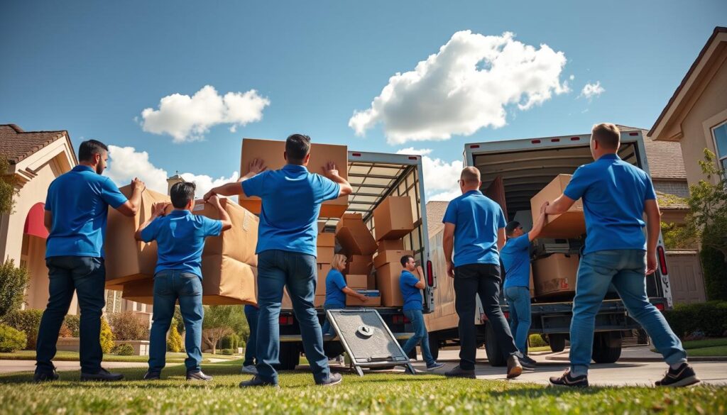A bustling move day scene set in a suburban neighborhood, showcasing professional movers engaged in a seamless transition. In the foreground, a diverse team of movers in matching blue uniforms carefully lifting furniture from an elegant home. They display teamwork and efficiency. In the middle ground, a moving truck is parked with its back open, filled with neatly stacked boxes and furniture, displaying organizational skills. In the background, a sunny Austin sky with a few fluffy clouds enhances the energy of the day. The lighting is bright and cheerful, casting soft shadows, suggesting an inviting, friendly atmosphere. The angle is slightly elevated, providing a comprehensive view of the organized chaos of moving day, highlighting the professionalism and care that Heavenly Moving embodies. A bustling move day scene set in a suburban neighborhood, showcasing professional movers engaged in a seamless transition. In the foreground, a diverse team of movers in matching blue uniforms carefully lifting furniture from an elegant home. They display teamwork and efficiency. In the middle ground, a moving truck is parked with its back open, filled with neatly stacked boxes and furniture, displaying organizational skills. In the background, a sunny Austin sky with a few fluffy clouds enhances the energy of the day. The lighting is bright and cheerful, casting soft shadows, suggesting an inviting, friendly atmosphere. The angle is slightly elevated, providing a comprehensive view of the organized chaos of moving day, highlighting the professionalism and care that Heavenly Moving embodies.