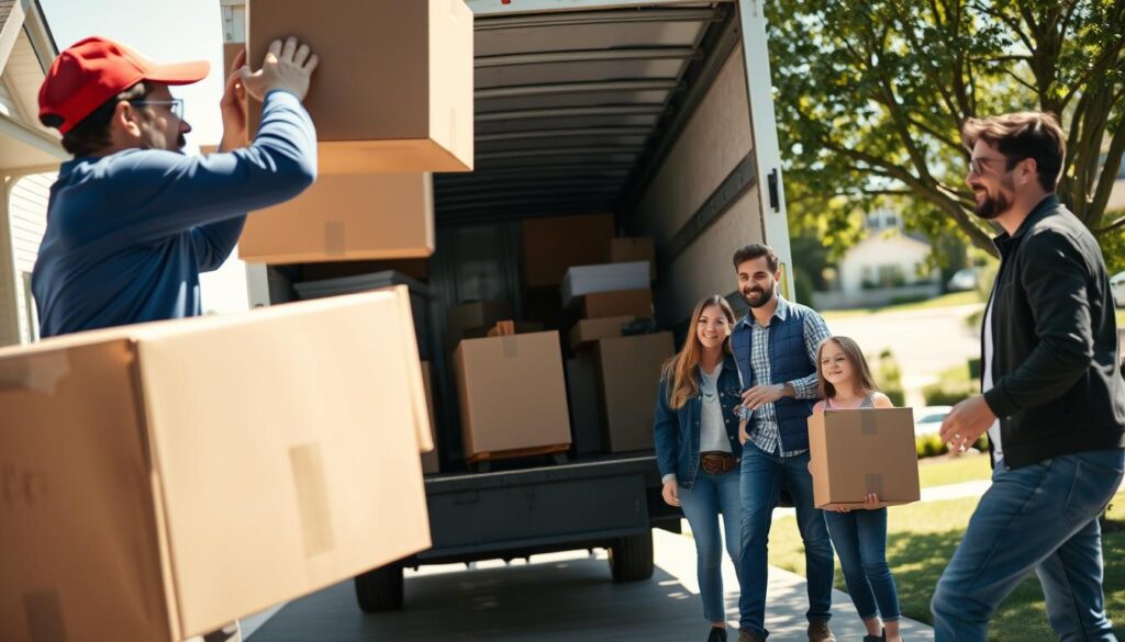 A bustling moving day scene at a suburban home, capturing the transition of families and belongings. In the foreground, a team of two professional movers in smart casual attire, carefully lifting a large cardboard box into a truck. The middle ground showcases a moving truck, partially loaded, with furniture and household items stacked neatly. A family, dressed in casual yet tidy clothing, stands nearby, observing the process with smiles and a sense of anticipation. In the background, a sunny suburban street with green lawns and trees, evoking a sense of warm community and new beginnings. The lighting is bright and cheerful, hinting at a sunny day, enhancing the mood of optimism and excitement for the journey ahead. The angle is slightly elevated, providing a clear overview of the entire scene.
