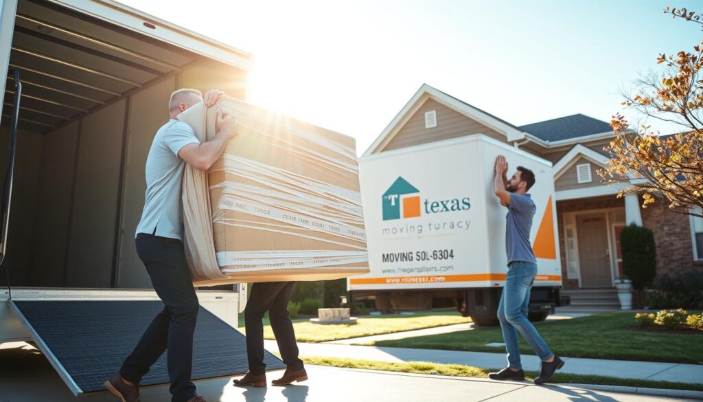 A bustling moving scene featuring a professional moving team in action. In the foreground, two friendly movers, dressed in smart company uniforms, are carefully lifting a large, wrapped piece of furniture onto a moving truck. The middle ground showcases the moving truck, emblazoned with a logo for a Texas moving company, parked outside a charming suburban home with a well-maintained yard. In the background, soft sunlight filters through a clear blue sky, casting warm, inviting light over the scene. The atmosphere is one of trust and dependability, emphasizing full-service moving solutions. Use a slightly elevated angle to capture the dynamic movement and organization of the scene, highlighting the teamwork and care put into the moving process.