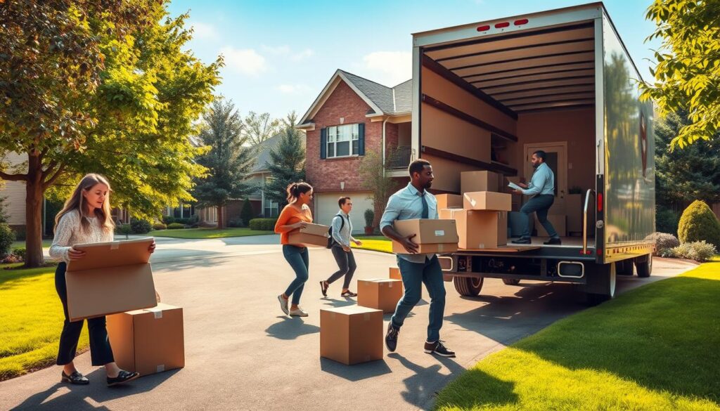 A bustling moving scene in a suburban Georgetown setting, showcasing professional movers in smart casual attire efficiently loading boxes into a moving truck. In the foreground, a diverse group of movers, including a Caucasian woman and an African American man, are carefully handling furniture with care. In the middle ground, a spacious driveway with a stylish brick house reflects the essence of Georgetown's architecture. Lush green trees and well-maintained lawns surround the scene, providing a friendly neighborhood atmosphere. The background presents a clear blue sky with soft, warm sunlight illuminating the scene, creating a vibrant and inviting mood. The image should be captured from a slightly elevated angle, highlighting the organized chaos of the moving process without distractions or text overlays.