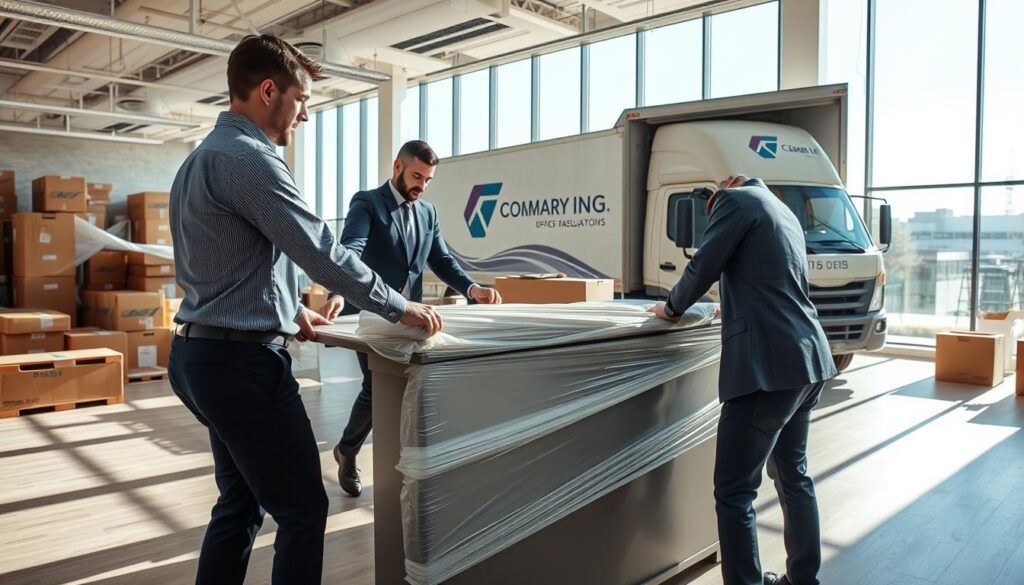 A bustling office relocation scene depicting a professional moving team diligently packing and transporting office furniture and equipment. In the foreground, focus on two movers in crisp, professional attire, carefully wrapping a desk with protective materials, demonstrating teamwork and efficiency. In the middle ground, an open office space is visible, showcasing stacked boxes, a large moving truck with the company's logo parked outside, and office supplies organized for relocation. In the background, large windows let in natural light, casting soft shadows, enhancing the vibrant atmosphere of activity and progress. The overall mood is dynamic and optimistic, reflecting the seamless transition during office relocations, under a clear blue sky.