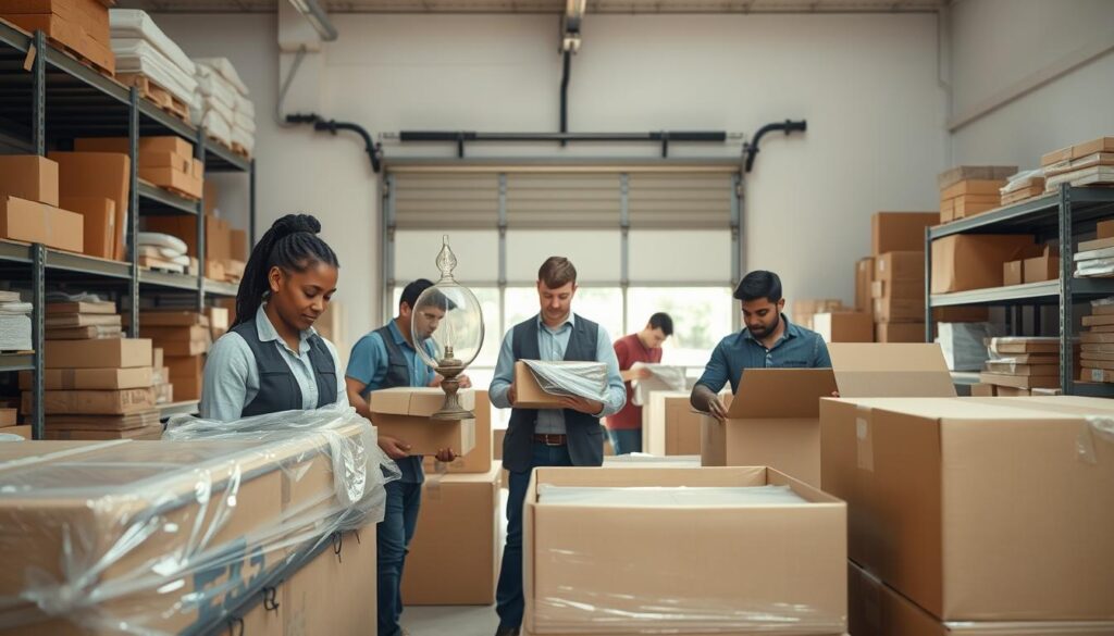 A bustling packing service scene in a bright and organized warehouse, showcasing professional movers carefully wrapping and boxing household items. In the foreground, a diverse team of movers in smart casual clothing is meticulously packing a vintage lamp and fragile dishware into sturdy boxes, highlighting attention to detail. In the middle ground, shelves filled with various packing materials—bubble wrap, cardboard boxes, and markers—create a sense of preparation and efficiency. The background features an open garage door with sunlight streaming in, illuminating the space and adding warmth. The atmosphere is focused and efficient, reflecting a trustworthy and customer-oriented moving service, with a sense of teamwork and professionalism emphasized through soft yet clear lighting at a wide angle.