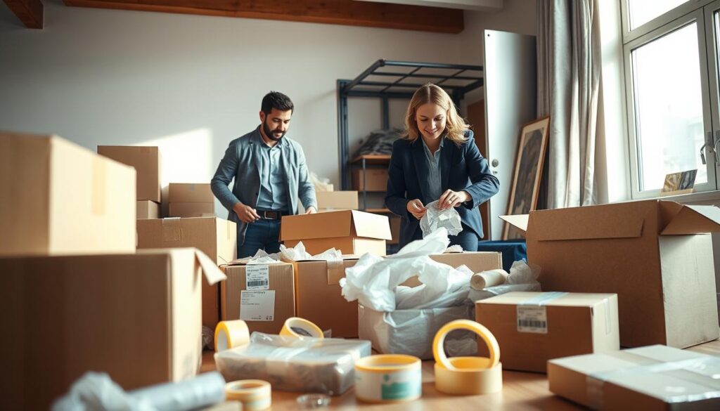 A bustling packing service scene set in a bright, well-lit room, with two professionals—one male and one female—dressed in smart casual attire, efficiently packing various household items into boxes. In the foreground, detailed cardboard boxes, neatly labeled, along with bubble wrap and packing tape lie scattered. In the middle ground, the movers are carefully wrapping fragile items like glassware and artwork, displaying focused expressions. The background features a partially packed moving truck, emphasizing the process of relocation. The scene is illuminated by natural light streaming through a nearby window, creating a warm and inviting atmosphere. The camera angle is slightly tilted to provide depth and perspective, showcasing the organized chaos of a busy packing day. A bustling packing service scene set in a bright, well-lit room, with two professionals—one male and one female—dressed in smart casual attire, efficiently packing various household items into boxes. In the foreground, detailed cardboard boxes, neatly labeled, along with bubble wrap and packing tape lie scattered. In the middle ground, the movers are carefully wrapping fragile items like glassware and artwork, displaying focused expressions. The background features a partially packed moving truck, emphasizing the process of relocation. The scene is illuminated by natural light streaming through a nearby window, creating a warm and inviting atmosphere. The camera angle is slightly tilted to provide depth and perspective, showcasing the organized chaos of a busy packing day.