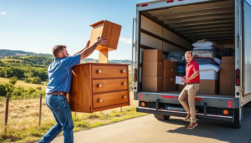 A bustling scene depicting professional movers in action while transporting household items from an Austin residence to a rural Bastrop location. In the foreground, two movers—one in a blue shirt and jeans, the other in a red polo and khakis—are carefully lifting a wooden dresser, showcasing teamwork and effort. In the midground, a large moving truck is parked, with its backend open, revealing boxed items and furniture secured with blankets. The background features a scenic Texan landscape of rolling hills, green trees, and a clear blue sky to emphasize the transition from urban to rural living. The scene is illuminated by warm afternoon sunlight, creating a friendly and inviting atmosphere, shot with a wide-angle lens to capture both the movers and the expansive landscape.