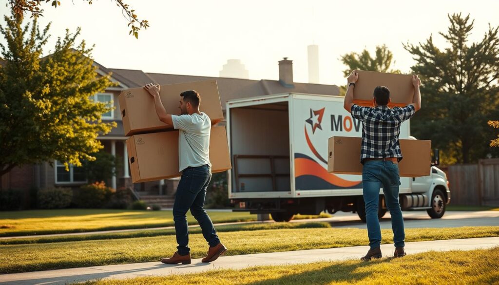 A bustling scene depicting professional movers transporting household items from Austin to Denton. In the foreground, two movers in modest casual clothing expertly lift furniture, showcasing their teamwork and efficiency. The middle layer features a moving truck, branded with the name "Texas Movers," parked by a charming suburban home with lush greenery. In the background, the skyline of Denton is visible, suggesting the journey is coming to an end. Soft afternoon sunlight bathes the scene, creating a warm and inviting atmosphere. The composition is captured from a slightly elevated angle, emphasizing the action of the movers while providing a clear view of the surroundings. The overall mood conveys reliability and professionalism in the moving industry. A bustling scene depicting professional movers transporting household items from Austin to Denton. In the foreground, two movers in modest casual clothing expertly lift furniture, showcasing their teamwork and efficiency. The middle layer features a moving truck, branded with the name "Texas Movers," parked by a charming suburban home with lush greenery. In the background, the skyline of Denton is visible, suggesting the journey is coming to an end. Soft afternoon sunlight bathes the scene, creating a warm and inviting atmosphere. The composition is captured from a slightly elevated angle, emphasizing the action of the movers while providing a clear view of the surroundings. The overall mood conveys reliability and professionalism in the moving industry.