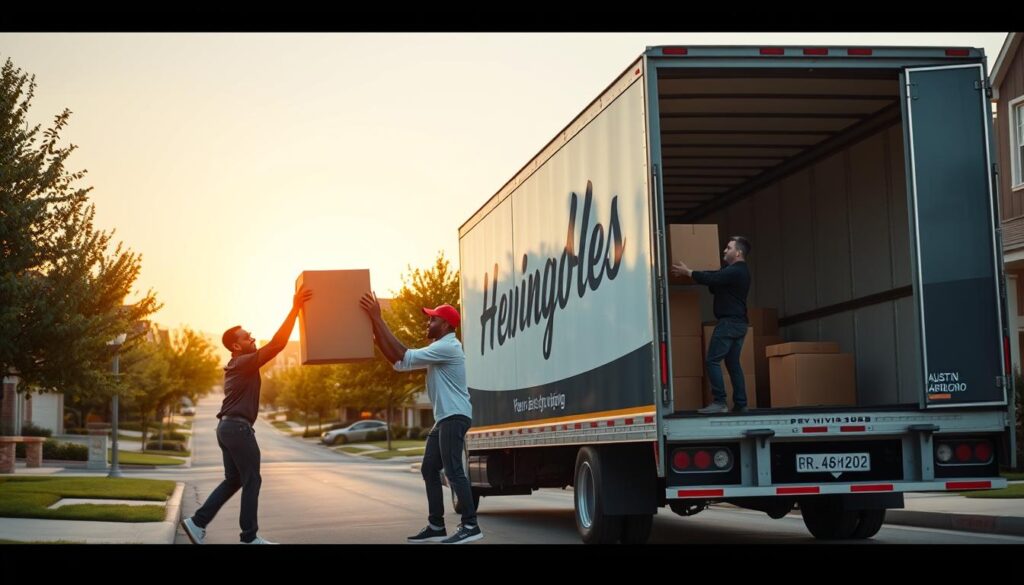 A bustling scene illustrating a professional moving process from Austin to Arlington. In the foreground, a diverse team of three movers in smart casual clothing carefully lifts a large, well-packed cardboard box onto a moving truck. The middle ground showcases a modern truck displaying the company logo, parked on a suburban street lined with green trees and warm, inviting homes. In the background, the sun sets, casting a golden hue over the homes, symbolizing a new beginning. The scene is lively, with soft natural lighting that conveys a sense of professionalism and trust. The angle should be slightly overhead to capture the entire operation effectively, focusing on the teamwork and coordination of the movers. A bustling scene illustrating a professional moving process from Austin to Arlington. In the foreground, a diverse team of three movers in smart casual clothing carefully lifts a large, well-packed cardboard box onto a moving truck. The middle ground showcases a modern truck displaying the company logo, parked on a suburban street lined with green trees and warm, inviting homes. In the background, the sun sets, casting a golden hue over the homes, symbolizing a new beginning. The scene is lively, with soft natural lighting that conveys a sense of professionalism and trust. The angle should be slightly overhead to capture the entire operation effectively, focusing on the teamwork and coordination of the movers.