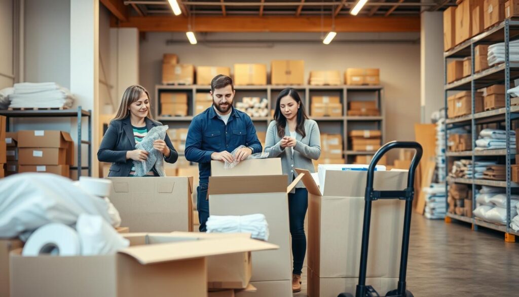 A bustling scene of professional packing services in action, set in a bright, organized moving warehouse. In the foreground, a diverse team of three movers, dressed in smart casual clothing, carefully wraps fragile items with bubble wrap and places them into sturdy moving boxes, showcasing teamwork and efficiency. In the middle ground, open boxes reveal neatly stacked household items, while a dolly loaded with securely packed boxes adds depth. The background features shelves filled with various packing supplies, such as tape and padding, under warm overhead lighting that creates a welcoming atmosphere. The image conveys a sense of reliability and professionalism, reflecting the comprehensive support offered in moving services, from packing to unpacking.