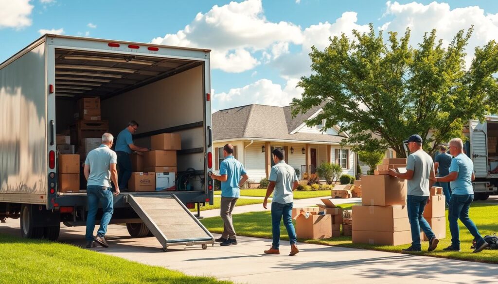 A bustling suburban scene depicting a residential moving experience from Austin to Waco. In the foreground, a professional moving crew in modest casual attire carefully loads boxes into a moving truck parked on a driveway. The crew members are actively engaged, showcasing teamwork and efficiency. In the middle ground, a cozy, single-story home is visible, with a lush green lawn and moving boxes stacked nearby. The background features a clear blue sky with fluffy clouds, hinting at a bright, sunny day. Soft, natural lighting casts gentle shadows, creating a welcoming atmosphere. The image captures the essence of a smooth transition from one home to another, emphasizing reliability and professionalism in the moving process.