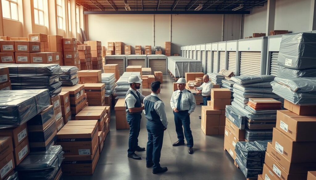 A busy full-service packing storage facility, showcasing organized rows of labeled moving boxes, stacks of furniture wrapped in protective materials, and professional movers in neat uniforms efficiently packing items. In the foreground, a diverse team of movers discusses logistics, emphasizing teamwork and professionalism. The middle ground features an open area with various packing supplies such as bubble wrap and tape displayed prominently. In the background, large storage units are visible, bathed in warm, natural lighting that highlights the cleanliness and order of the space. The overall mood is dynamic and focused, reflecting a reliable and efficient moving solution for homes and offices. The camera angle is slightly elevated to capture the extensive layout of the facility. A busy full-service packing storage facility, showcasing organized rows of labeled moving boxes, stacks of furniture wrapped in protective materials, and professional movers in neat uniforms efficiently packing items. In the foreground, a diverse team of movers discusses logistics, emphasizing teamwork and professionalism. The middle ground features an open area with various packing supplies such as bubble wrap and tape displayed prominently. In the background, large storage units are visible, bathed in warm, natural lighting that highlights the cleanliness and order of the space. The overall mood is dynamic and focused, reflecting a reliable and efficient moving solution for homes and offices. The camera angle is slightly elevated to capture the extensive layout of the facility.