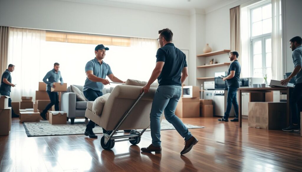 A busy indoor moving scene depicting professional movers carefully handling large furniture items, including a sofa and an elegant wooden dining table. In the foreground, two movers, dressed in smart casual attire, are using a dolly to maneuver a heavy piece of furniture. The middle ground shows a well-lit, spacious living room with packed boxes, a large window allowing natural light to stream in, and a polished wooden floor that reflects the light. In the background, subtle silhouettes of more movers can be seen organizing smaller appliances and items. The atmosphere is dynamic yet focused, conveying professionalism and teamwork. The image is shot at eye level with a slight depth of field to emphasize the movers, while soft shadows enhance the overall depth and realism. A busy indoor moving scene depicting professional movers carefully handling large furniture items, including a sofa and an elegant wooden dining table. In the foreground, two movers, dressed in smart casual attire, are using a dolly to maneuver a heavy piece of furniture. The middle ground shows a well-lit, spacious living room with packed boxes, a large window allowing natural light to stream in, and a polished wooden floor that reflects the light. In the background, subtle silhouettes of more movers can be seen organizing smaller appliances and items. The atmosphere is dynamic yet focused, conveying professionalism and teamwork. The image is shot at eye level with a slight depth of field to emphasize the movers, while soft shadows enhance the overall depth and realism.