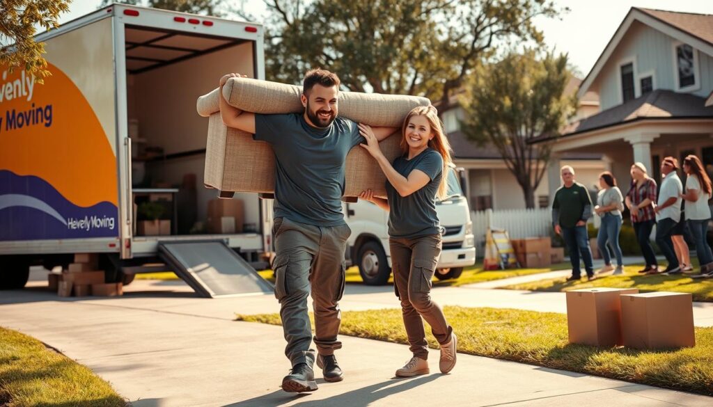 A busy moving day scene in a suburban neighborhood during daylight. In the foreground, two professional movers, a man and a woman, dressed in branded company T-shirts and cargo pants, are carefully lifting a large couch onto a moving truck with a friendly smile. The middle ground features the moving truck, painted in bright colors with a 'Heavenly Moving' logo, parked beside a single-family home surrounded by boxes and packing supplies. In the background, classic Austin architectural elements like trees and quaint houses provide a charming atmosphere. The sunlight casts soft shadows, giving the scene a warm and inviting feeling, as neighbors observe the process with friendly expressions. The angle should be slightly elevated, capturing the dynamism of the moving action.