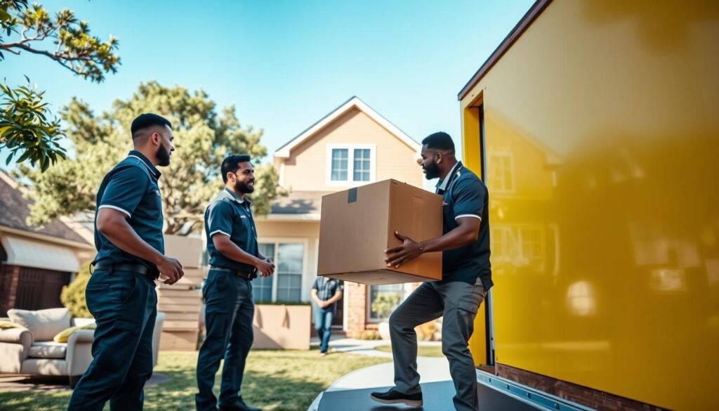 A busy moving day scene showcasing the moving process between Austin and Conroe. In the foreground, a diverse team of three professional movers in smart uniforms carefully loading a large cardboard box into a bright yellow moving truck. The middle ground features a suburban house with packed furniture stacked neatly around the yard, including a sofa, a few boxes, and a chair. The background reveals a clear blue sky and lush trees framing the scene, suggesting a warm, sunny day. Soft, natural lighting illuminates the movers' focused expressions, highlighting their teamwork and professionalism. The image conveys a sense of efficiency, determination, and community spirit. A busy moving day scene showcasing the moving process between Austin and Conroe. In the foreground, a diverse team of three professional movers in smart uniforms carefully loading a large cardboard box into a bright yellow moving truck. The middle ground features a suburban house with packed furniture stacked neatly around the yard, including a sofa, a few boxes, and a chair. The background reveals a clear blue sky and lush trees framing the scene, suggesting a warm, sunny day. Soft, natural lighting illuminates the movers' focused expressions, highlighting their teamwork and professionalism. The image conveys a sense of efficiency, determination, and community spirit.