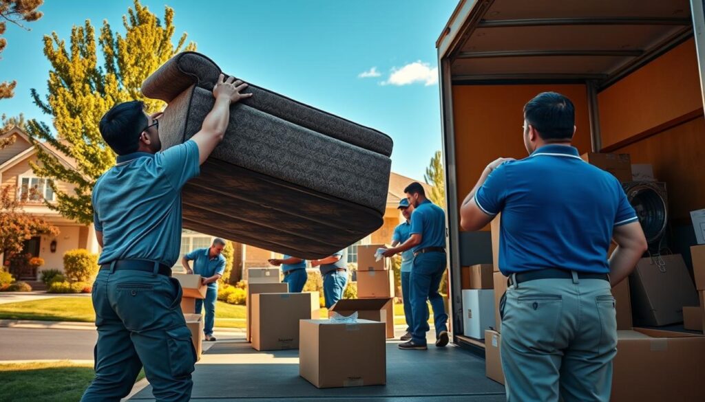 A busy moving scene featuring a team of experienced movers efficiently loading a moving truck with boxes and furniture. In the foreground, two movers, dressed in professional business attire—polo shirts and cargo pants—are lifting a large couch, showcasing their teamwork and strength. In the middle ground, additional movers can be seen carefully packing delicate items into boxes, demonstrating attention to detail. The background reveals a suburban neighborhood with a welcoming home, trees, and a clear blue sky, suggesting a smooth moving experience. Warm, natural lighting enhances the atmosphere, capturing the hustle and bustle of a busy moving day while conveying professionalism and reliability. The image should be framed with a slightly elevated angle to provide a comprehensive view of the scene. A busy moving scene featuring a team of experienced movers efficiently loading a moving truck with boxes and furniture. In the foreground, two movers, dressed in professional business attire—polo shirts and cargo pants—are lifting a large couch, showcasing their teamwork and strength. In the middle ground, additional movers can be seen carefully packing delicate items into boxes, demonstrating attention to detail. The background reveals a suburban neighborhood with a welcoming home, trees, and a clear blue sky, suggesting a smooth moving experience. Warm, natural lighting enhances the atmosphere, capturing the hustle and bustle of a busy moving day while conveying professionalism and reliability. The image should be framed with a slightly elevated angle to provide a comprehensive view of the scene.