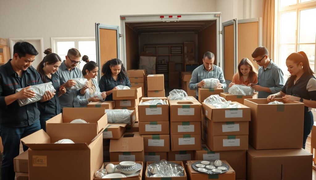 A busy moving scene showcasing a professional team packing household items with care. In the foreground, a diverse group of workers dressed in practical, professional clothing are carefully wrapping fragile items like dishes and glassware in bubble wrap, placing them into sturdy cardboard boxes. In the middle, there are neatly stacked boxes labeled with their contents, creating a sense of organization amidst the bustling activity. In the background, a moving truck is parked with its doors open, ready for loading. Soft, natural light streams in from a nearby window, casting a warm glow that conveys a sense of trust and reliability. The atmosphere feels dynamic yet organized, highlighting the importance of careful packing during a move. A busy moving scene showcasing a professional team packing household items with care. In the foreground, a diverse group of workers dressed in practical, professional clothing are carefully wrapping fragile items like dishes and glassware in bubble wrap, placing them into sturdy cardboard boxes. In the middle, there are neatly stacked boxes labeled with their contents, creating a sense of organization amidst the bustling activity. In the background, a moving truck is parked with its doors open, ready for loading. Soft, natural light streams in from a nearby window, casting a warm glow that conveys a sense of trust and reliability. The atmosphere feels dynamic yet organized, highlighting the importance of careful packing during a move.
