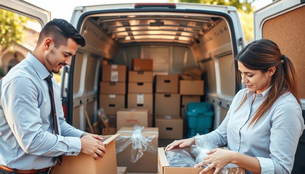 A busy moving scene showcasing full-service packing for an Austin to Florence relocation. In the foreground, two professional movers in neat business casual outfits are carefully wrapping fragile items in bubble wrap and packing them into sturdy cardboard boxes. The middle ground features a well-organized van loaded with neatly stacked boxes, demonstrating efficiency and professionalism. In the background, a sunny outdoor setting highlights a suburban neighborhood, with hints of iconic Austin architecture along with trees and greenery, suggesting a peaceful environment. Soft, natural lighting illuminates the scene, creating a warm and inviting atmosphere. Capture the sense of teamwork and care that goes into a smooth moving experience.