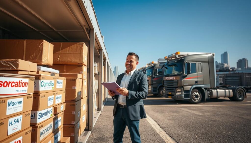 A busy moving storage facility during daylight, showcasing large, sturdy moving trucks parked in a lot. In the foreground, a well-organized area displays neatly stacked storage units with various branded labels, some partially open, revealing packed boxes, furniture, and protective wrapping. In the middle ground, a friendly moving professional in smart, casual attire inspects a clipboard, overseeing the process. The background features a bright blue sky and the silhouettes of nearby urban buildings, creating a sense of location and urban life. The lighting is bright and natural, casting soft shadows that enhance the atmosphere of security and efficiency. The overall mood is calm and organized, emphasizing the stress-free nature of moving and storage solutions.