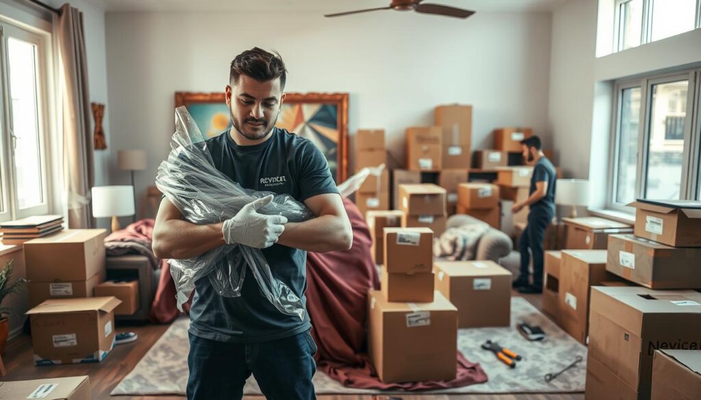 A busy packing scene in a well-lit living room, featuring professional movers carefully wrapping furniture in protective blankets and boxing up household items. In the foreground, a focused mover wearing a branded t-shirt and gloves securely wraps a large painting in bubble wrap, showcasing meticulous attention to detail. In the middle ground, various boxes are stacked neatly, with labels clearly marking their contents. The background reveals furniture carefully disassembled, with tools for assembly scattered around. Soft, natural light streams through a large window, highlighting the vibrant colors of the room, creating a warm and organized atmosphere. The mood conveys reliability and professionalism, emphasizing the thoroughness of the packing process. A busy packing scene in a well-lit living room, featuring professional movers carefully wrapping furniture in protective blankets and boxing up household items. In the foreground, a focused mover wearing a branded t-shirt and gloves securely wraps a large painting in bubble wrap, showcasing meticulous attention to detail. In the middle ground, various boxes are stacked neatly, with labels clearly marking their contents. The background reveals furniture carefully disassembled, with tools for assembly scattered around. Soft, natural light streams through a large window, highlighting the vibrant colors of the room, creating a warm and organized atmosphere. The mood conveys reliability and professionalism, emphasizing the thoroughness of the packing process.