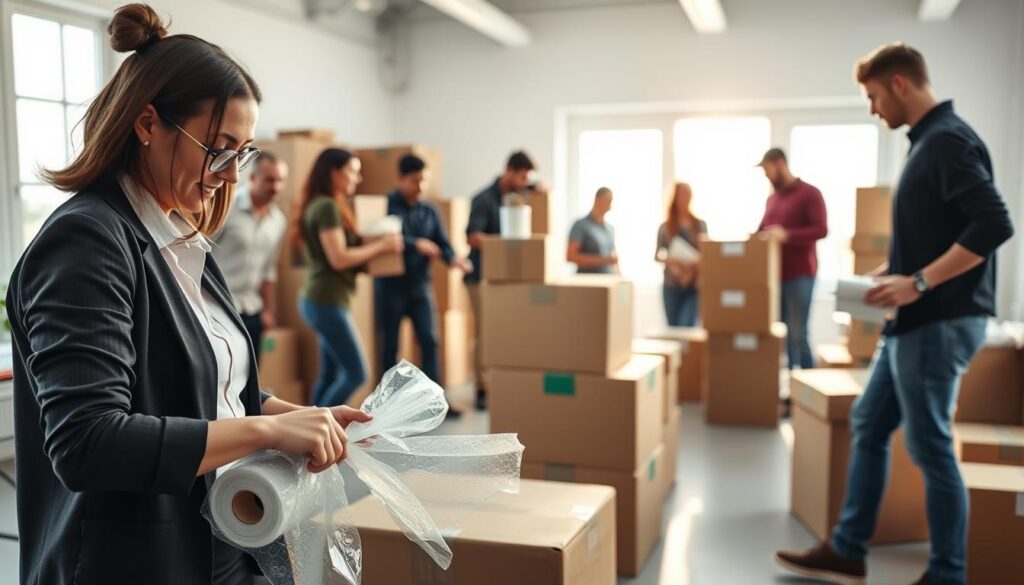 A busy packing service scene in a bright, organized moving company workspace. In the foreground, a professional mover in smart, modest casual attire carefully wraps fragile items with bubble wrap, showcasing attention to detail. In the middle ground, a diverse team of movers collaborates to stack labeled moving boxes, emphasizing teamwork. The background features bright, natural light streaming through large windows, illuminating the workspace filled with moving supplies like boxes, tape, and packing paper. The angle is slightly elevated, giving a panoramic view of the dynamic movement and activity. The overall mood is energetic yet professional, highlighting a service tailored to meet customer needs in a friendly and efficient atmosphere.