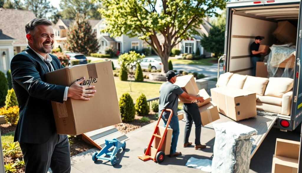 A busy scene depicting full-service moving, showcasing professional movers in business attire carefully packing and loading furniture into a truck at a suburban home. In the foreground, a smiling mover lifts a box marked 'fragile,' while another secures a large sofa in the moving truck. The middle ground features a well-kept garden and a driveway with an organized moving truck; nearby, moving equipment like dollies and bubble wrap are scattered around. In the background, a charming neighborhood with tree-lined streets provides a sense of community. Bright, natural sunlight bathes the scene, creating a warm and inviting atmosphere. The image captures the ideal of a reliable, efficient moving experience tailored to both homes and businesses. A busy scene depicting full-service moving, showcasing professional movers in business attire carefully packing and loading furniture into a truck at a suburban home. In the foreground, a smiling mover lifts a box marked 'fragile,' while another secures a large sofa in the moving truck. The middle ground features a well-kept garden and a driveway with an organized moving truck; nearby, moving equipment like dollies and bubble wrap are scattered around. In the background, a charming neighborhood with tree-lined streets provides a sense of community. Bright, natural sunlight bathes the scene, creating a warm and inviting atmosphere. The image captures the ideal of a reliable, efficient moving experience tailored to both homes and businesses.