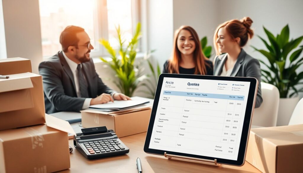 A clean and modern office space serves as the backdrop, featuring a large desk cluttered with moving boxes, a calculator, and a notepad with a pen. In the foreground, a professional man in business attire is discussing quotes with a cheerful woman dressed in smart casual clothing, showcasing friendly communication. Soft sunlight streams through a nearby window, casting warm, inviting light across the room. The middle ground includes a digital tablet displaying a detailed quote layout, emphasizing clarity and transparency in services. Subtle green plants in the background create a fresh atmosphere, enhancing the notion of trust and reliability. The overall mood is friendly and professional, promoting a sense of urgency and excitement about local moving services. A clean and modern office space serves as the backdrop, featuring a large desk cluttered with moving boxes, a calculator, and a notepad with a pen. In the foreground, a professional man in business attire is discussing quotes with a cheerful woman dressed in smart casual clothing, showcasing friendly communication. Soft sunlight streams through a nearby window, casting warm, inviting light across the room. The middle ground includes a digital tablet displaying a detailed quote layout, emphasizing clarity and transparency in services. Subtle green plants in the background create a fresh atmosphere, enhancing the notion of trust and reliability. The overall mood is friendly and professional, promoting a sense of urgency and excitement about local moving services.