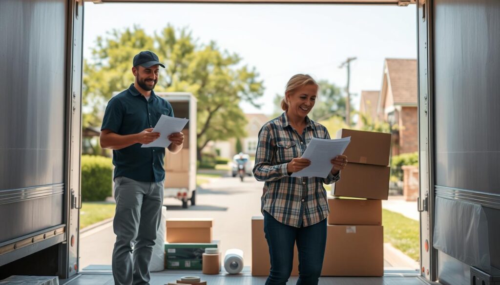 A clean and organized moving scene depicting the moving process from the initial quote to unloading. In the foreground, a friendly, professional mover in modest casual clothing stands next to a packed moving truck, reviewing paperwork with a client who looks relieved and excited. In the middle, the moving truck is open, revealing neatly stacked boxes and furniture. Various moving supplies like bubble wrap and packing tape are visible on the ground. In the background, a sunny suburban street in Austin leading to the rural charm of Bastrop, featuring green trees and quaint houses, creates a welcoming atmosphere. The lighting is bright and natural, emphasizing a sense of clarity and simplicity, suggesting a stress-free moving experience.