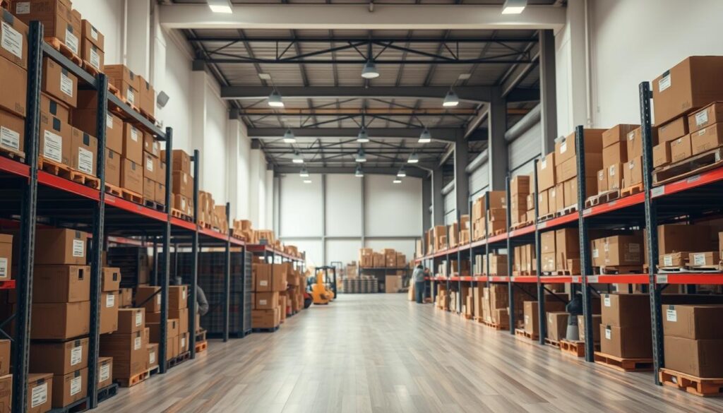 A clean and organized storage facility, showcasing a neat arrangement of boxes and various stored items. In the foreground, emphasize sturdy shelving units filled with labeled boxes, offering a sense of order. In the middle ground, include a spacious section of the warehouse with a light wood floor and strategically placed, well-lit areas enhancing the visibility of the contents. The background features high ceilings and large windows, allowing natural light to stream in, creating a warm and inviting atmosphere. The overall mood is calm and efficient, reflective of a reliable storage solution. Utilize soft, diffused lighting to evoke a sense of security and professionalism, captured from a slightly elevated angle to convey depth and perspective. A clean and organized storage facility, showcasing a neat arrangement of boxes and various stored items. In the foreground, emphasize sturdy shelving units filled with labeled boxes, offering a sense of order. In the middle ground, include a spacious section of the warehouse with a light wood floor and strategically placed, well-lit areas enhancing the visibility of the contents. The background features high ceilings and large windows, allowing natural light to stream in, creating a warm and inviting atmosphere. The overall mood is calm and efficient, reflective of a reliable storage solution. Utilize soft, diffused lighting to evoke a sense of security and professionalism, captured from a slightly elevated angle to convey depth and perspective.
