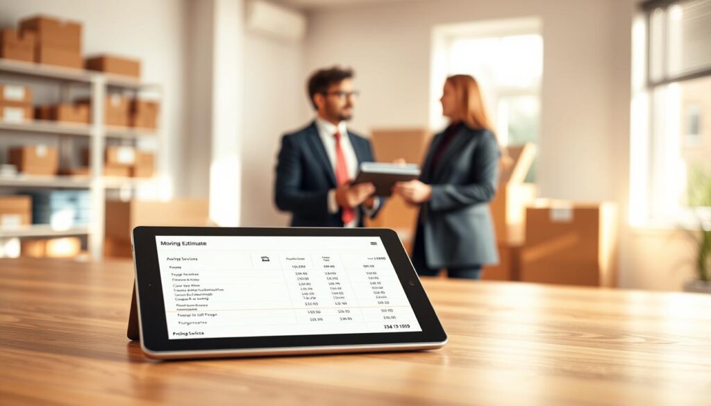 A clean, modern office setting in a soft, natural light, showcasing a wooden desk in the foreground with a detailed pricing estimate quote prominently displayed on a sleek digital tablet. The quote details various moving services with clear line items and subtle graphics representing moving boxes and trucks. In the middle ground, a professional businessperson in smart attire is engaged in conversation with a client, both looking at the tablet with interest. In the background, blurred shelves filled with moving supplies add context, while a window lets in warm sunshine, creating an inviting and stress-free atmosphere. The overall mood conveys clarity, professionalism, and trust, ideal for a service-focused environment.