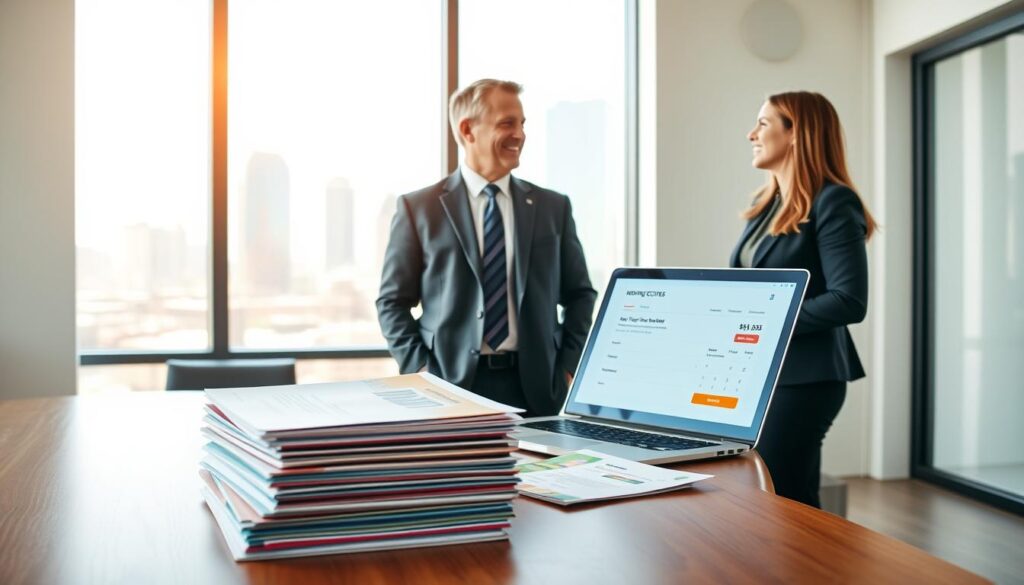 A clean, modern office space with a large wooden desk in the foreground, featuring a neatly arranged stack of colorful moving quotes and brochures. On the desk, a laptop displays a clear and friendly interface with a moving quote calculator visible. In the middle ground, a well-dressed professional, a middle-aged man in a suit, discusses moving options with a content client, a woman in business casual attire, smiling and nodding. The background showcases a bright window with a view of the Austin skyline, bathed in warm, natural light. The atmosphere feels professional yet inviting, emphasizing trust and transparency in the moving process, with soft-focus elements to convey optimism and friendliness. A clean, modern office space with a large wooden desk in the foreground, featuring a neatly arranged stack of colorful moving quotes and brochures. On the desk, a laptop displays a clear and friendly interface with a moving quote calculator visible. In the middle ground, a well-dressed professional, a middle-aged man in a suit, discusses moving options with a content client, a woman in business casual attire, smiling and nodding. The background showcases a bright window with a view of the Austin skyline, bathed in warm, natural light. The atmosphere feels professional yet inviting, emphasizing trust and transparency in the moving process, with soft-focus elements to convey optimism and friendliness.